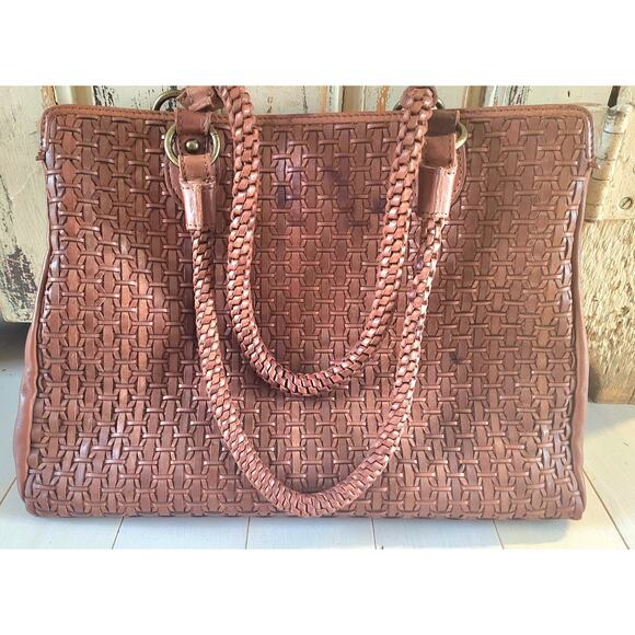 Leather Tote Bag Woven Brown Vintage Gorgeous Patina Excellent Condition - Picture 15 of 16